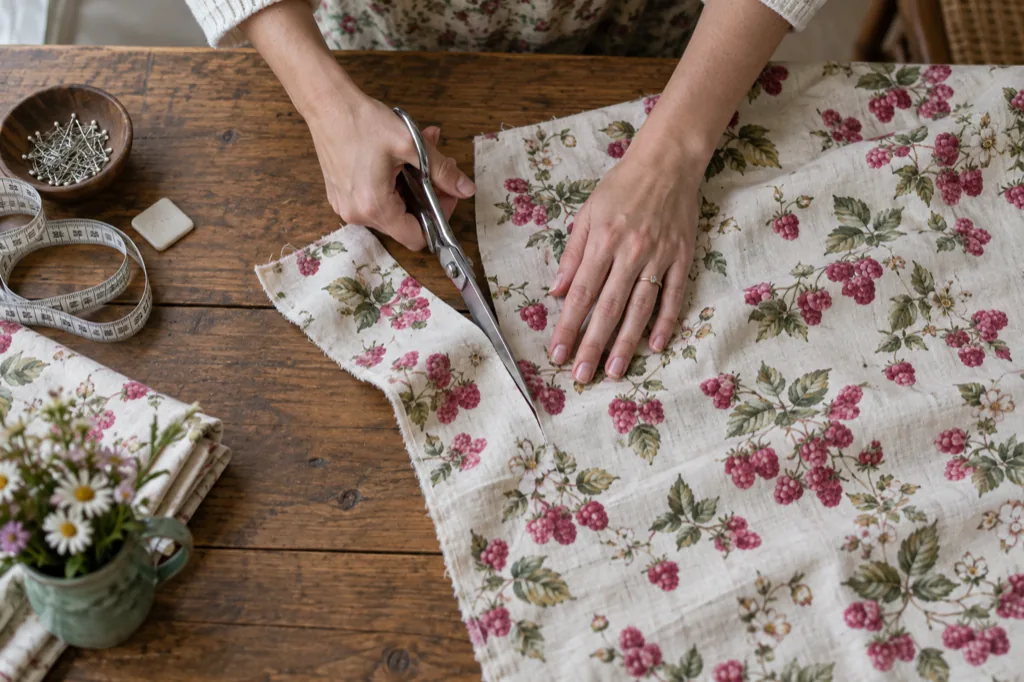 Manos cortando una tela de algodón floreada con tijeras de sastre sobre una mesa de madera
