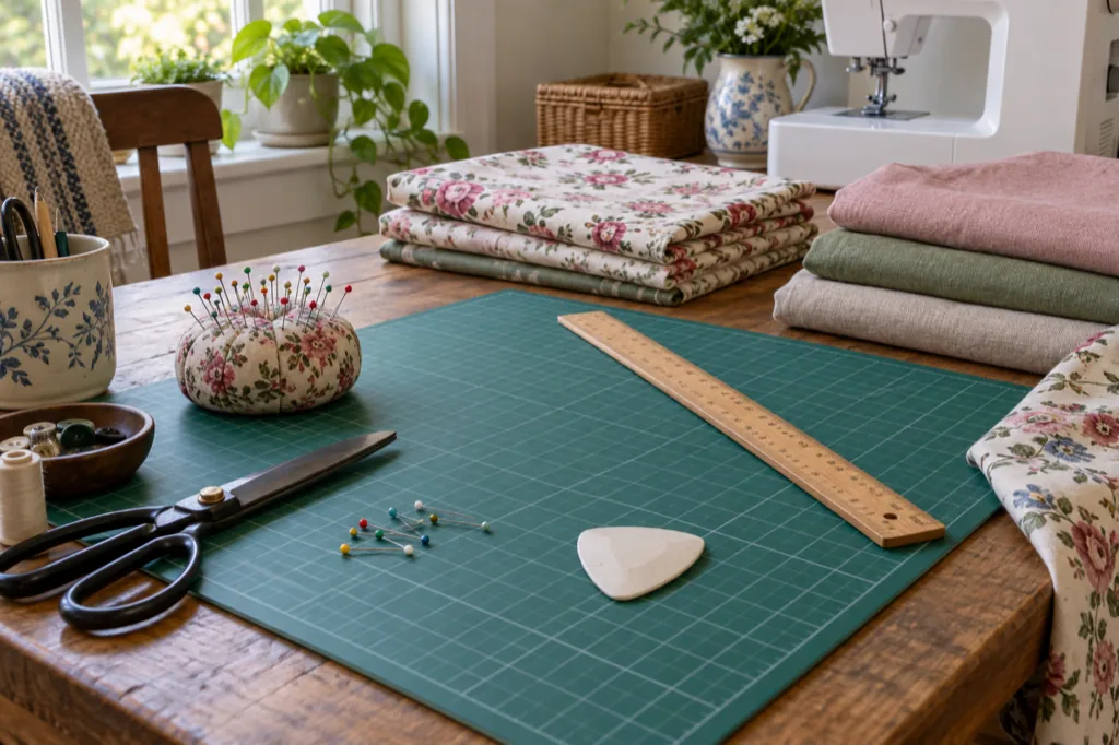 Mesa de trabajo del taller con base de corte, jaboncillo, alfileres y tela doblada