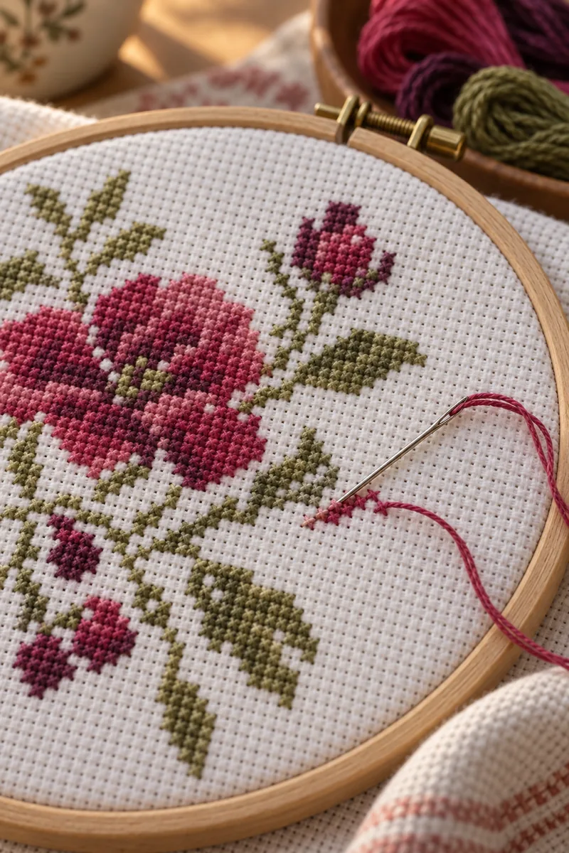 Bastidor de madera con un motivo floral a punto de cruz en curso sobre tela aida blanca