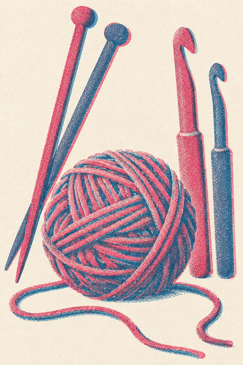 Ilustración a dos tintas de agujas de tejer, ganchillos y un ovillo de lana