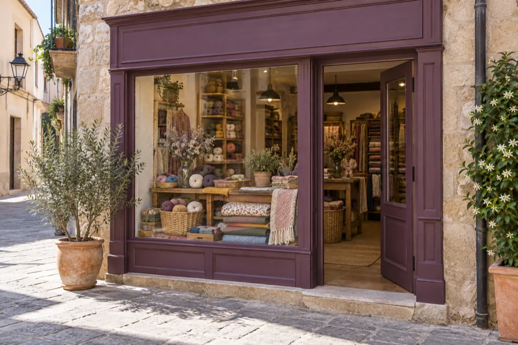 Fachada de madera de color ciruela de una pequeña tienda con escaparate de lanas y telas