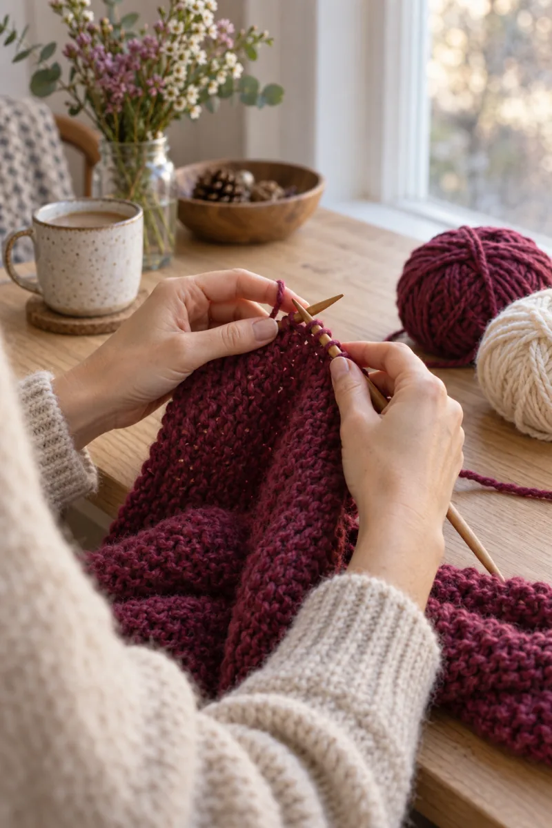 Manos tejiendo una bufanda de merino color frambuesa con agujas de madera junto a una ventana
